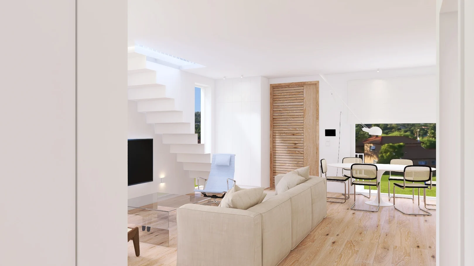 minimal and modern open plan living room 