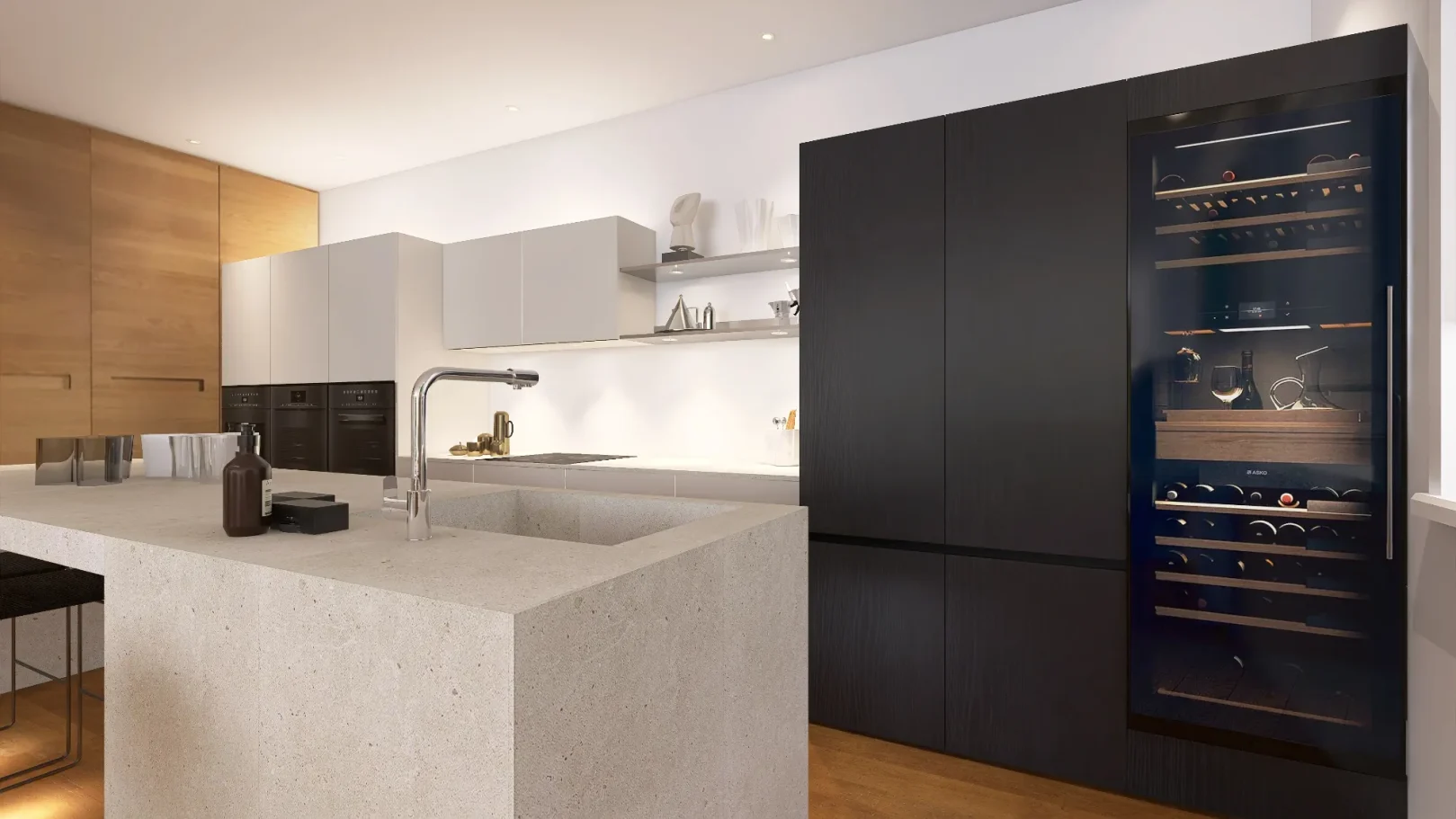 travertine kitchen island, wine cooler, tom dixon form jug, alessi il conico, miele oven, stainless steel kitchen