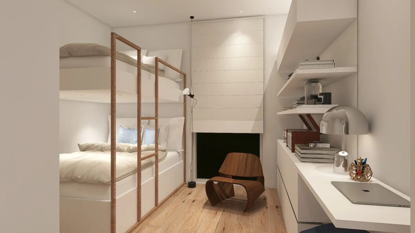 small bedroom with custom bunkbed and study space